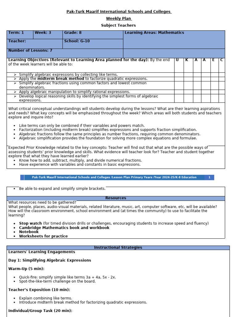 Lesson Plan Class 8 Week 3 | PDF | Algebra | Mathematics