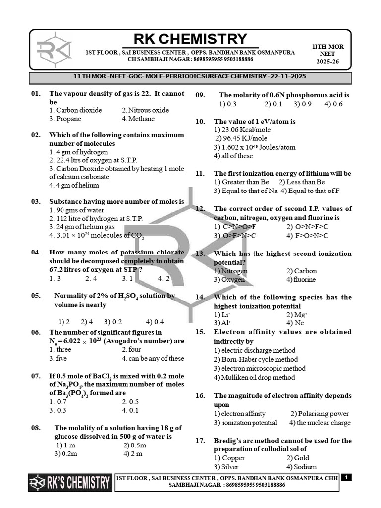 NEET 2025 Chemistry Practice Questions | PDF | Mole (Unit) | Hydrogen