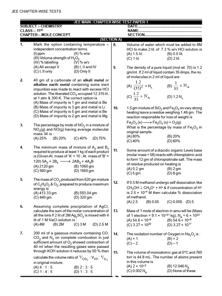 JEE Chemistry Mole Concept Test Paper | PDF | Atoms | Electron
