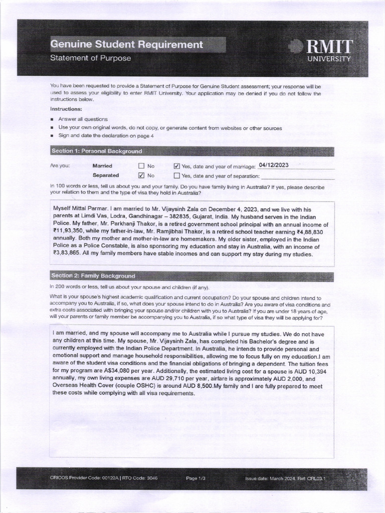 Statement of Purpose for RMIT Admission | PDF | Workplace | Safety