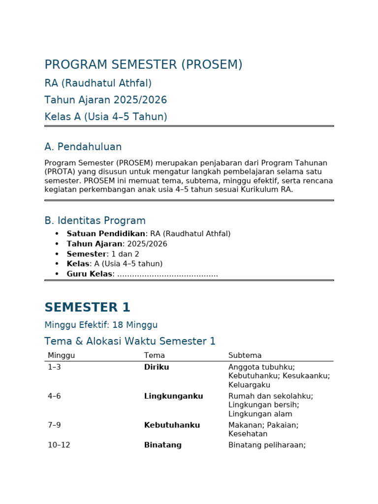 PROSEM RA Kelas A 2025/2026 | PDF