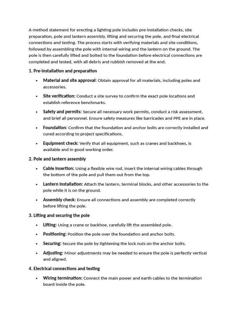 Lighting Pole Installation Method Statement | PDF | Electrical ...