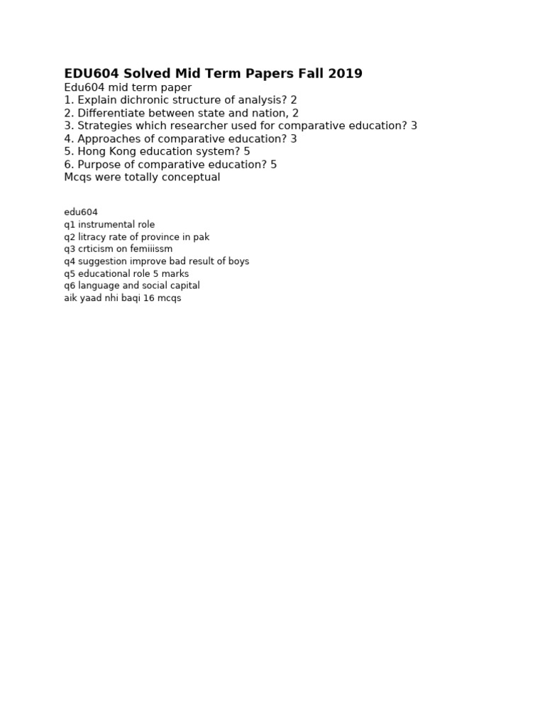 EDU604 Mid Term Papers Fall 2019 | PDF
