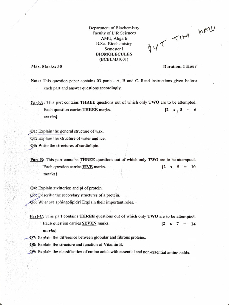 B.Sc. Biochemistry Exam: Biomolecules Questions | PDF | Cell (Biology ...