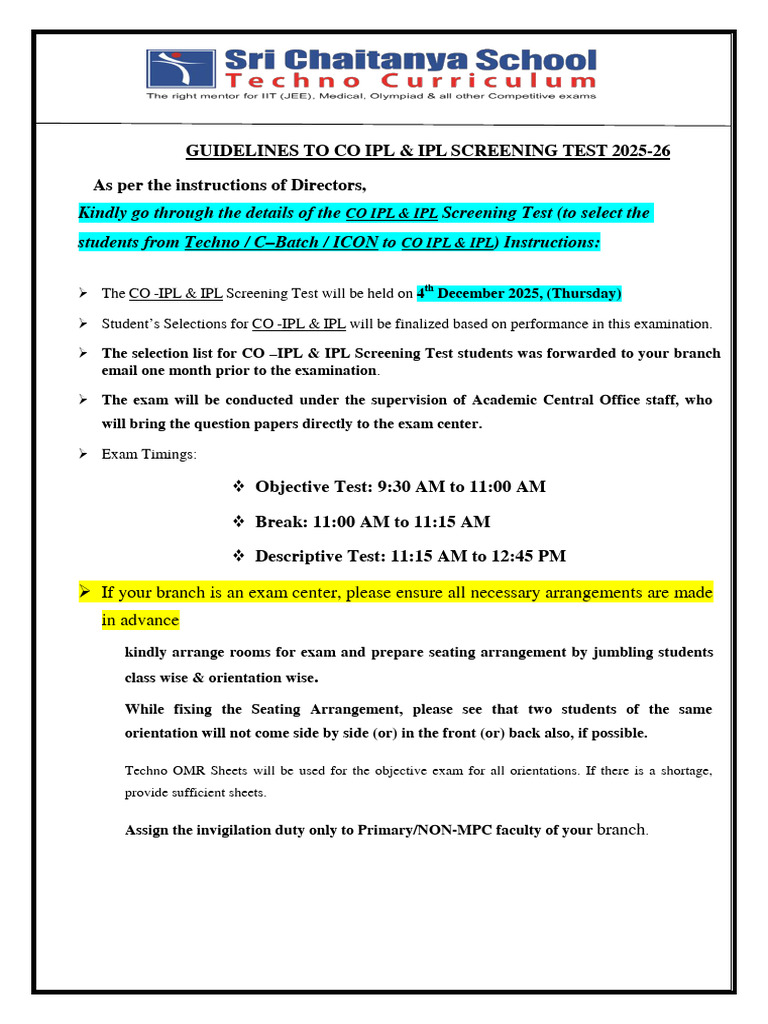 CO IPL & IPL Screening Test 2025-26 Guide | PDF