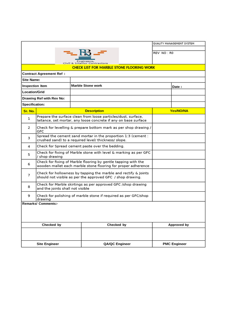 Marble Flooring Quality Checklist | PDF