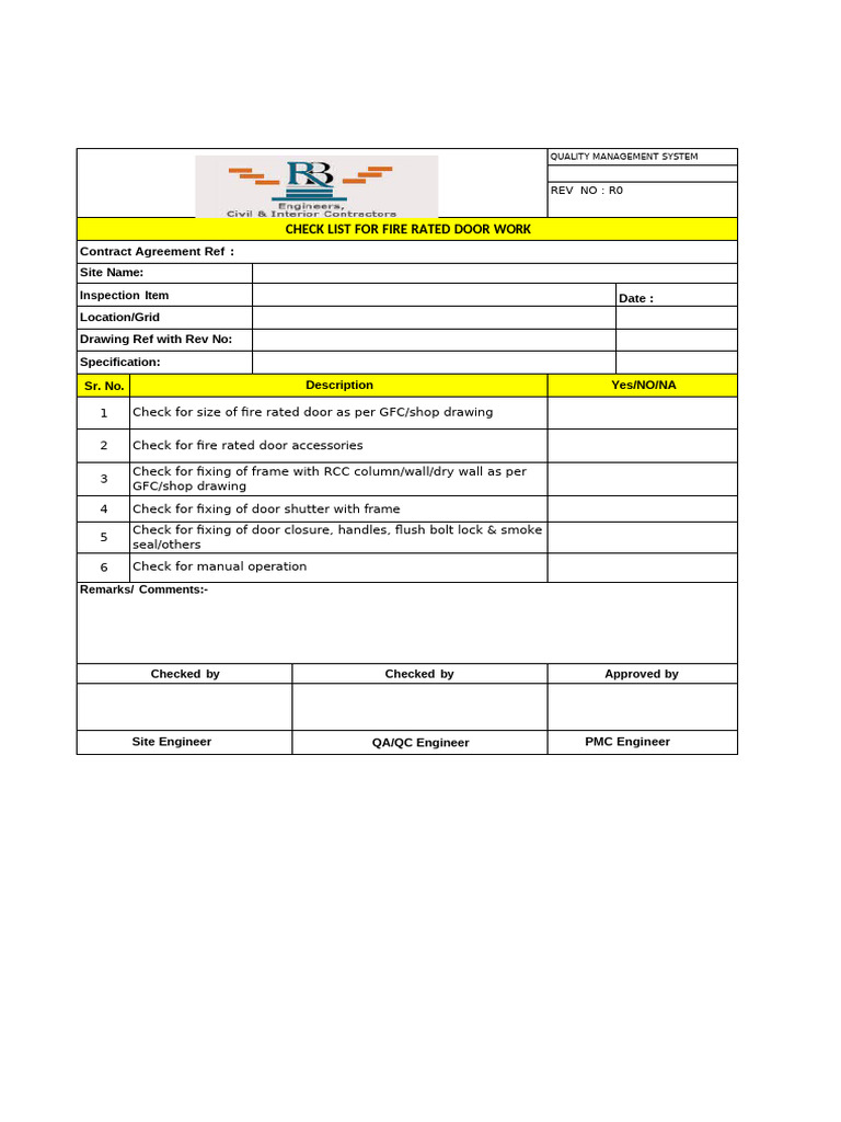 Fire Rated Door Inspection Checklist | PDF