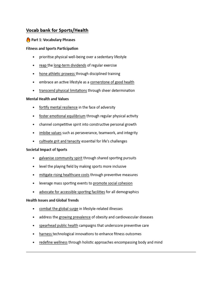 Vocab Bank for Sports | PDF | Psychological Resilience | Physical Fitness