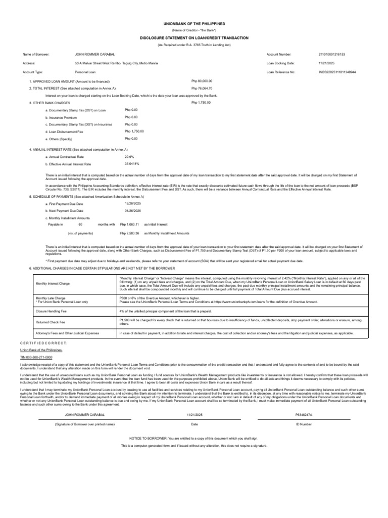 Disclosure Statement | PDF | Loans | Interest