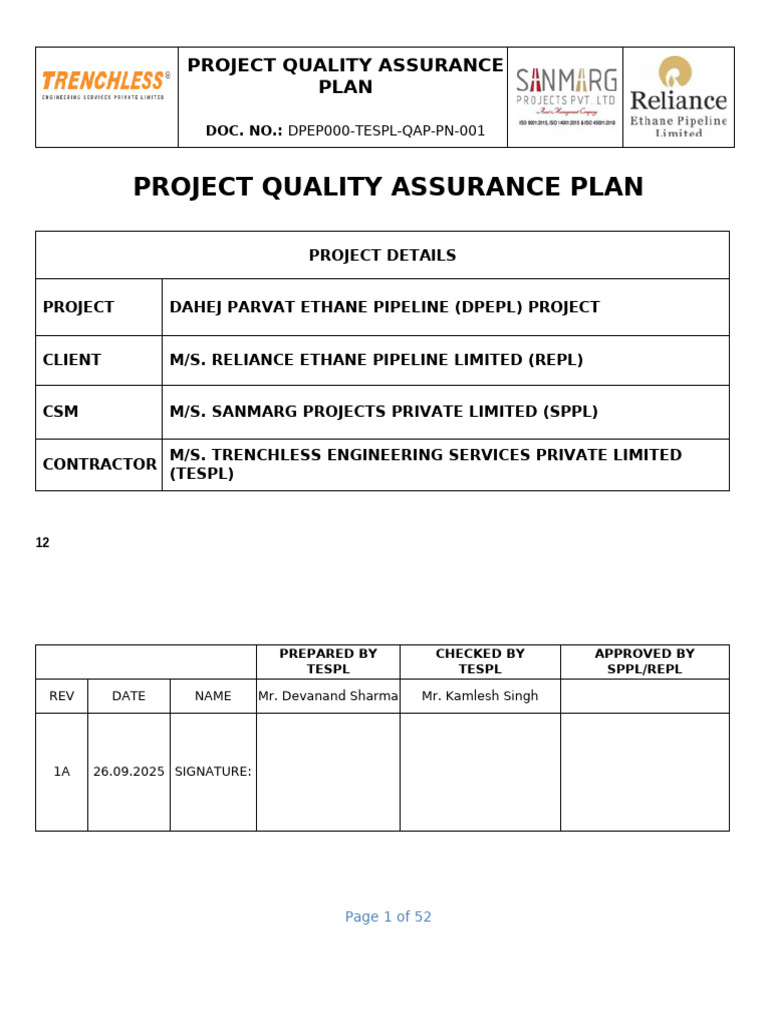Dahej Ethane Pipeline Quality Assurance Plan | PDF | Quality Management ...
