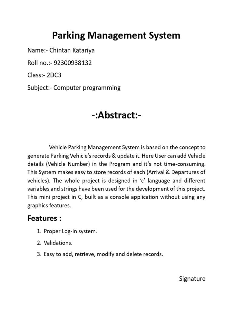 Vehicle Parking Management System in C | PDF