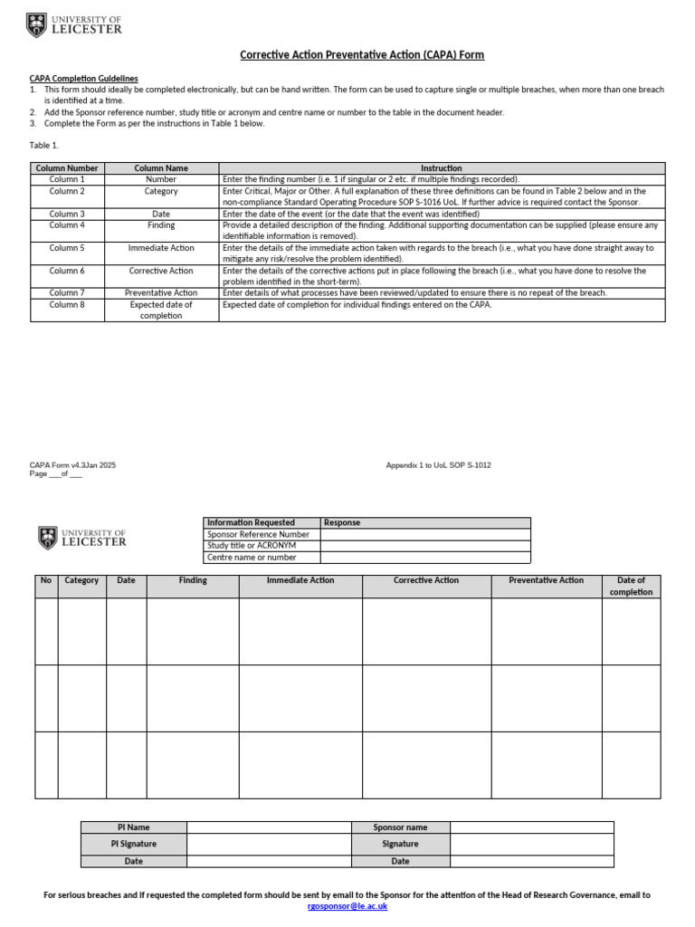 S1012Appendix 1 UoL CAPA Template20250101v43 | PDF | Regulatory Compliance