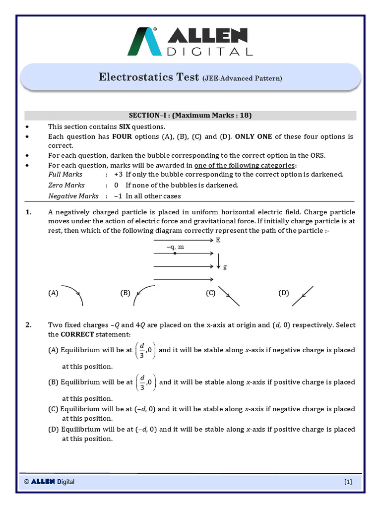 JEE Advanced Electrostatics Test | PDF | Electric Field | Sphere