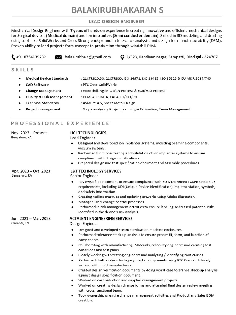 Lead Mechanical Design Engineer Profile | PDF