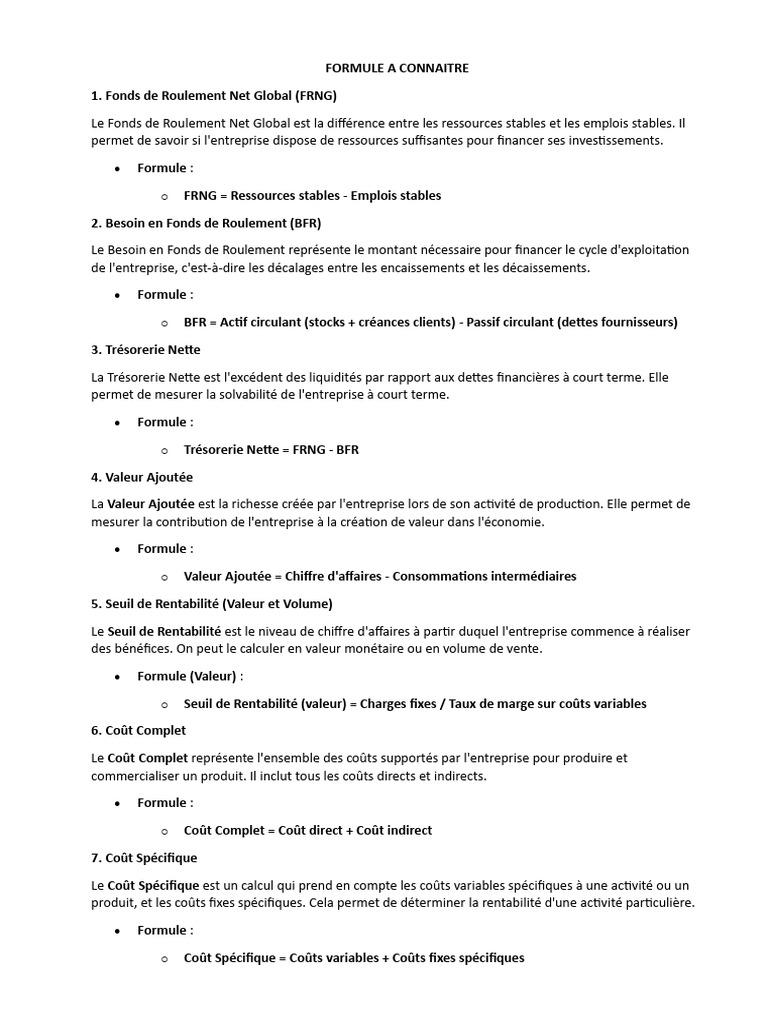 Formules Clés de Gestion Financière | PDF | Fonds de roulement ...