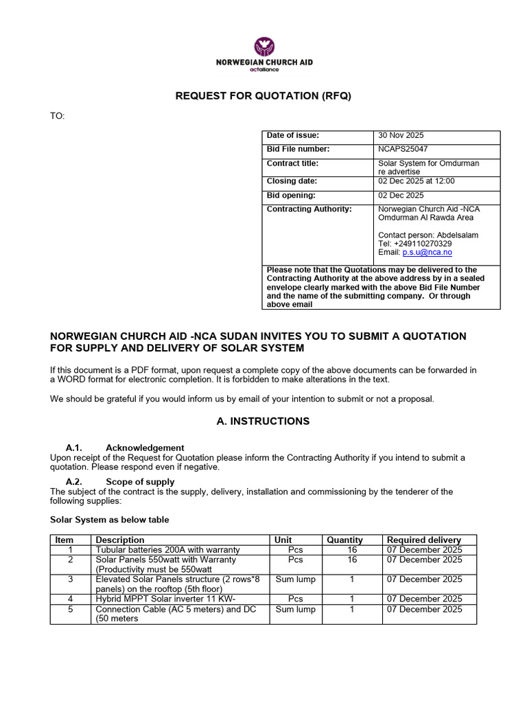 RFQ NCAPS25047 Solar System Omdurman-Re Advertise | PDF | Photovoltaic ...