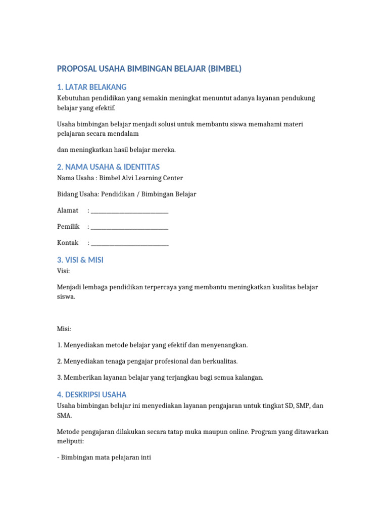Proposal Usaha Bimbel Alvi Learning Center | PDF
