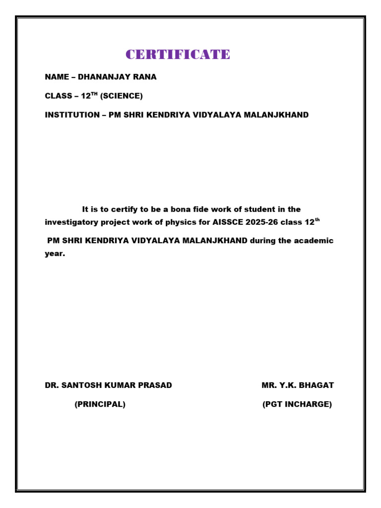 Class 12 Physics Project Certificate | PDF