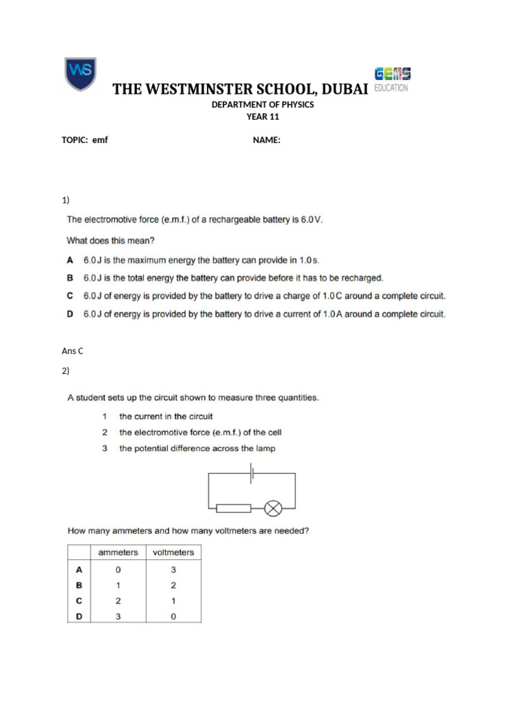 Emf Worksheet MCQ With Answer | PDF