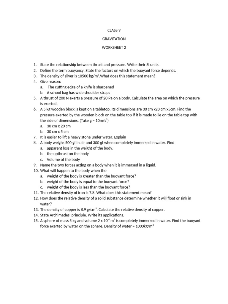 Class 9 Gravitation Worksheet Answers | PDF
