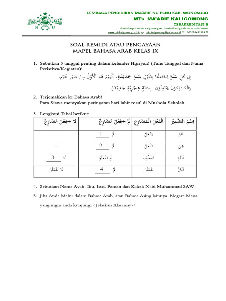 Soal Remidi Bahasa Arab Kelas IX | PDF