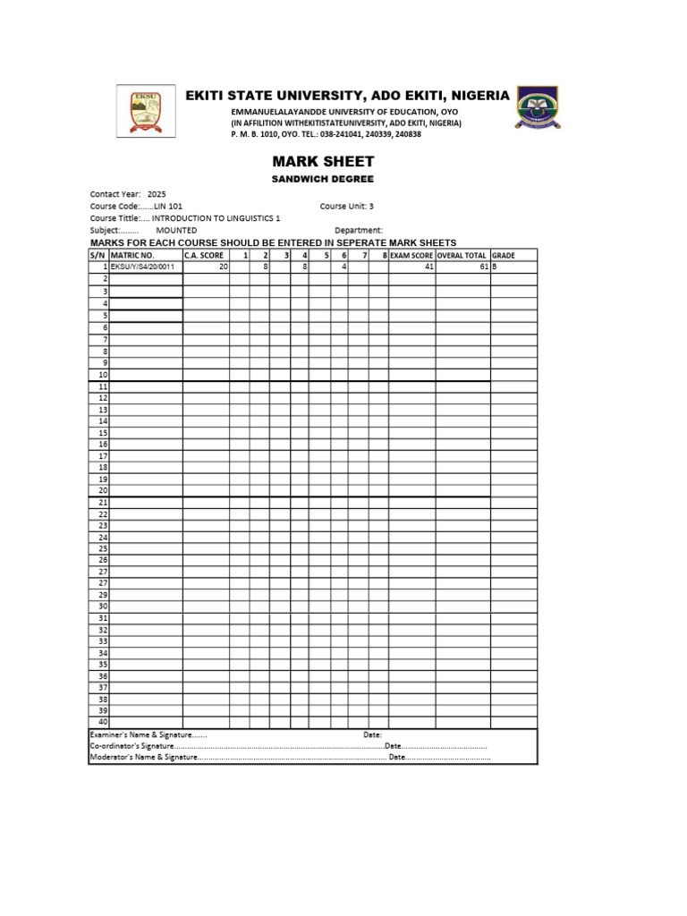 Ekiti State University Sandwich Mark Sheet | PDF