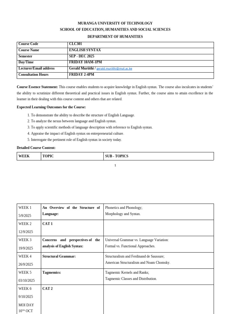 English Syntax Course Overview 2025 | PDF | Syntax | Phrase