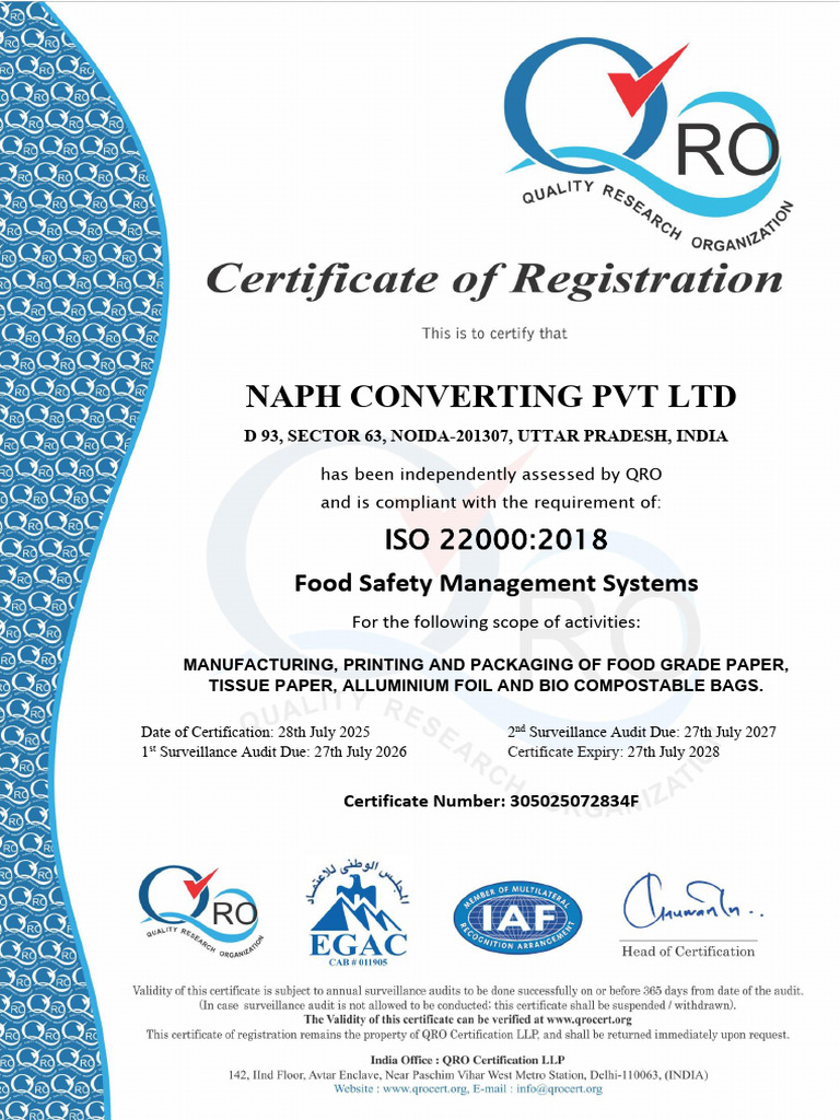 ISO 22000:2018 Certification for NAPH Converting | PDF