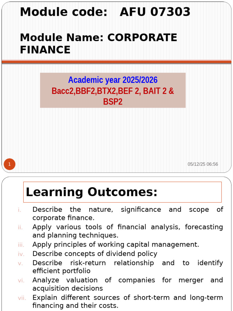 Corporate Finance Module Overview | PDF | Investing | Dividend