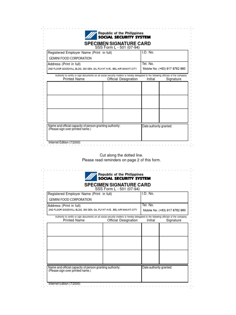 Specimen Signature Card for SSS | PDF | Social Security