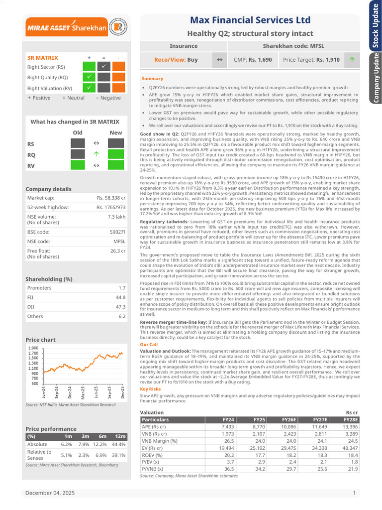 Max Financial Services Q2FY26 Performance Review | PDF | Valuation ...