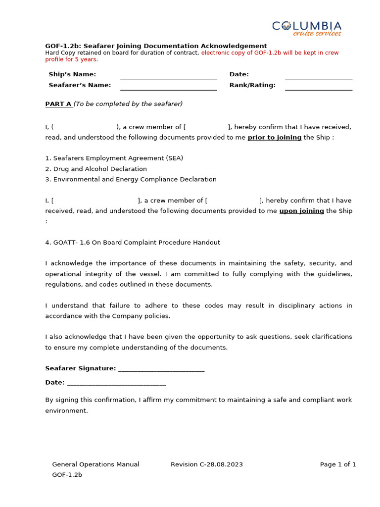 Seafarer Joining Documentation Acknowledgement | PDF