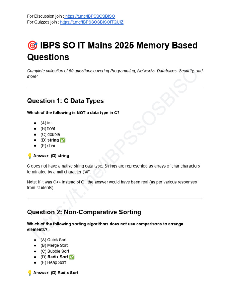 IBPS SO IT Mains 2025 Memory Questions | PDF | I Pv6 | Public Key ...