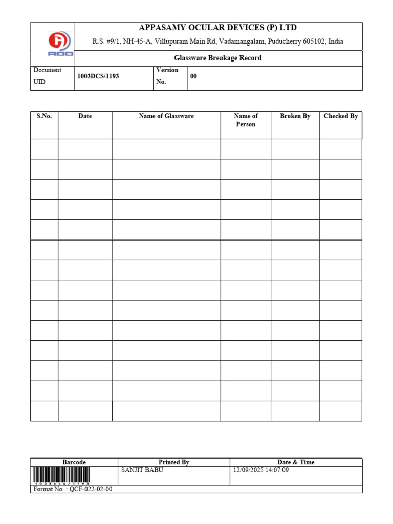 Glassware Breakage Record Log | PDF