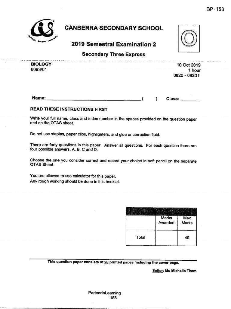 2019 Sec 3 Pure Biology SA2 Canberra Secondary 2 | PDF