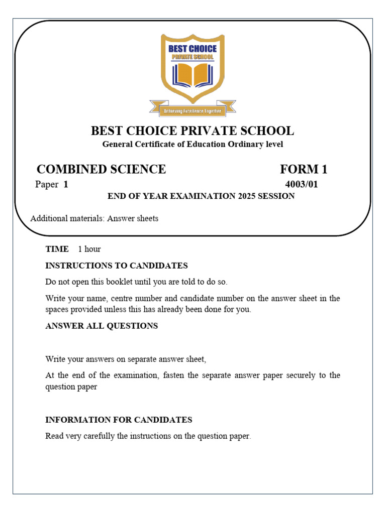GCE O-Level Combined Science Exam 2025 | PDF