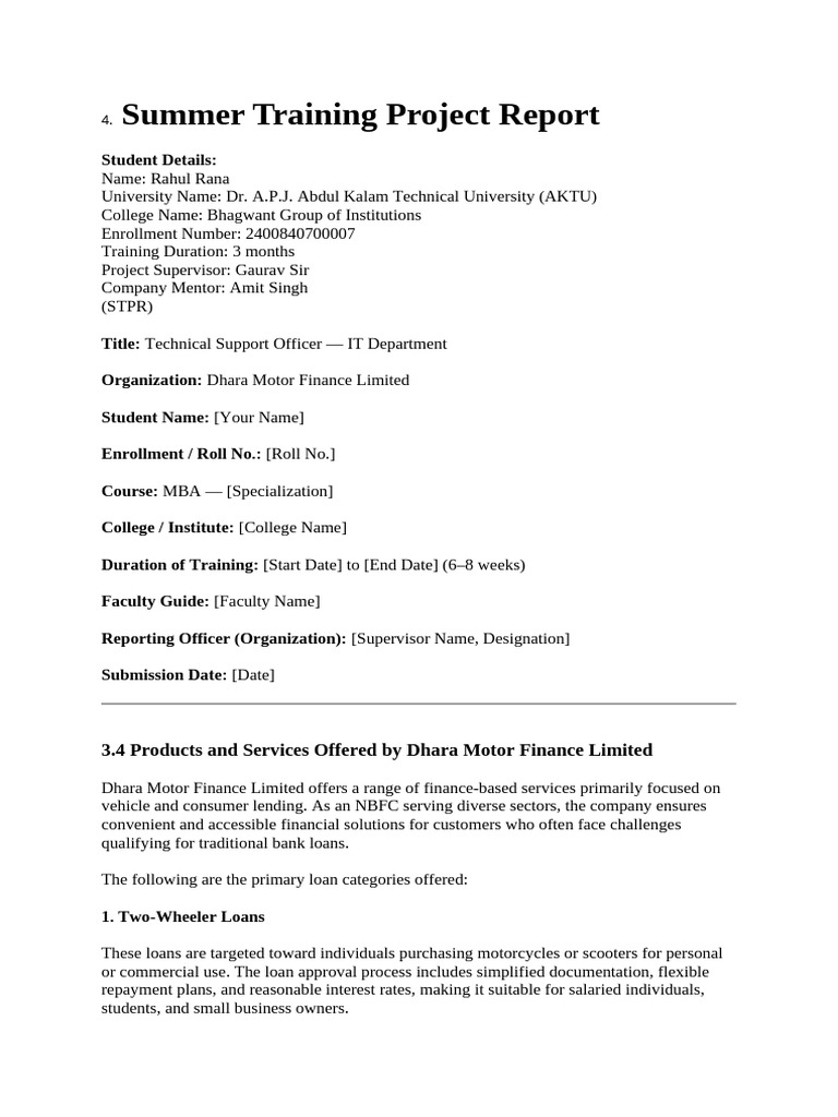 Summer Training Report: Dhara Motor Finance | PDF | Backup | Web ...