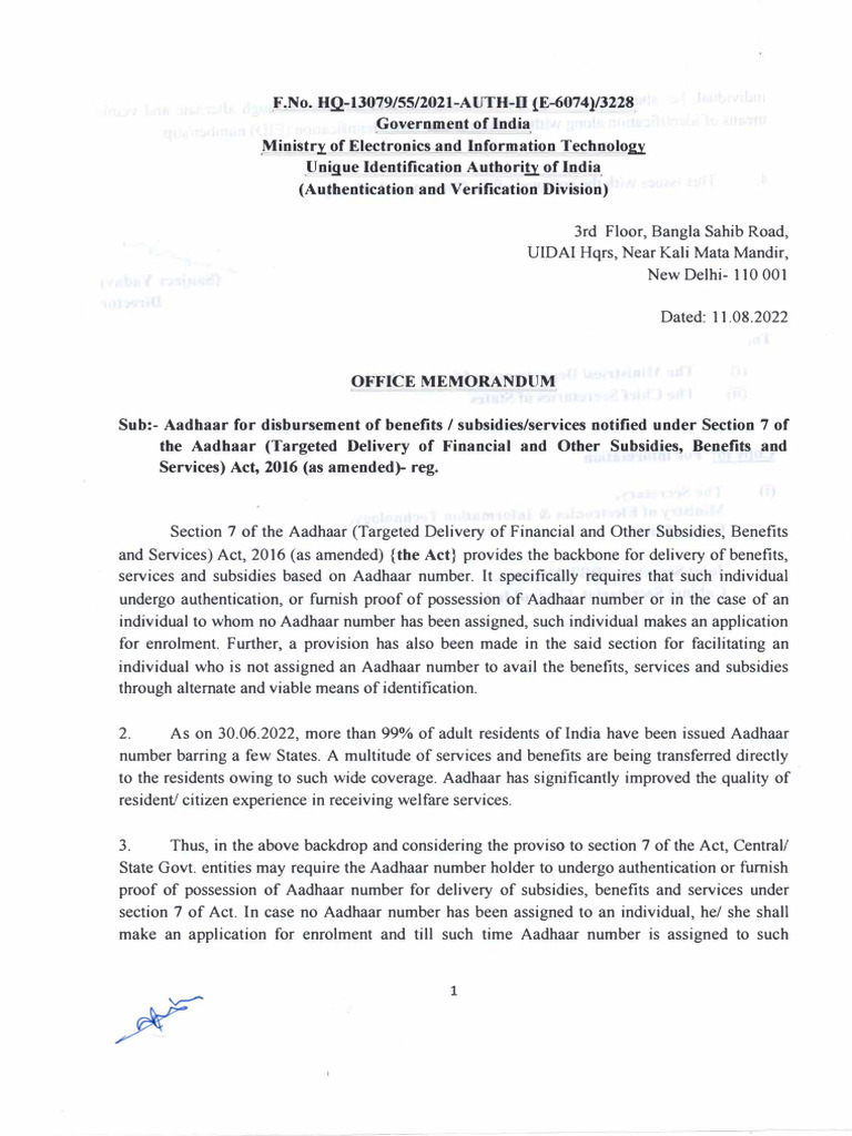 Aadhaar Benefits Delivery Guidelines | PDF | Governance | Authentication