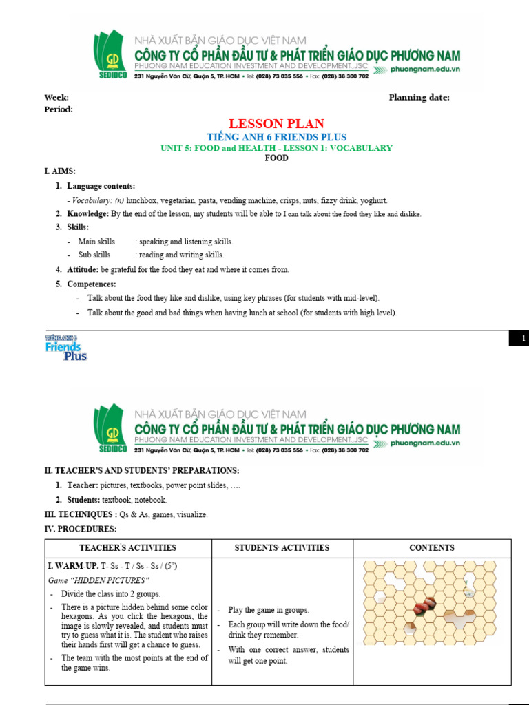 Lesson Plan: Food and Health Vocabulary | PDF | Plural