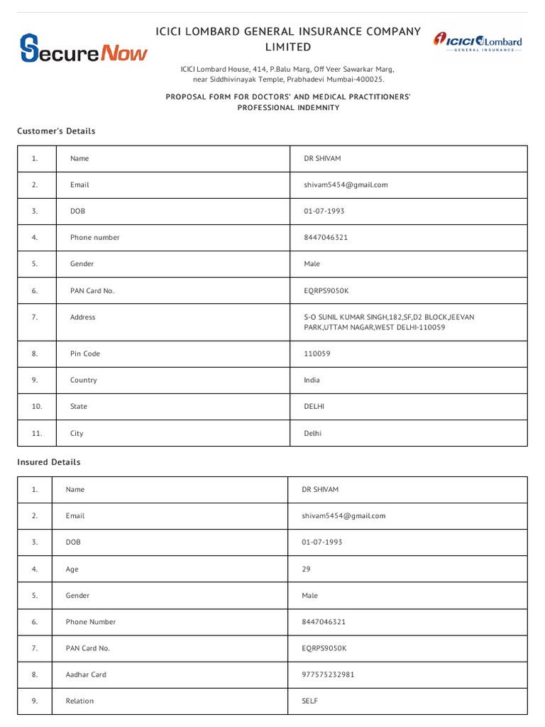 Proposal Form Shivam DPI 20220908 | PDF | Insurance | Civil Law (Legal ...