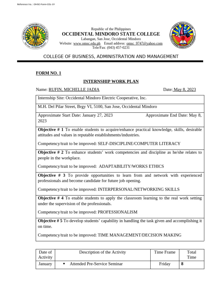Internship Work Plan for Michelle Rufin | PDF