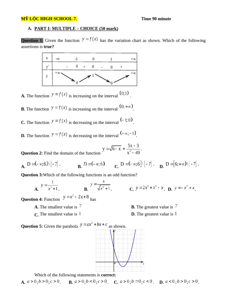 Math Exam Questions for High School | PDF | Function (Mathematics ...