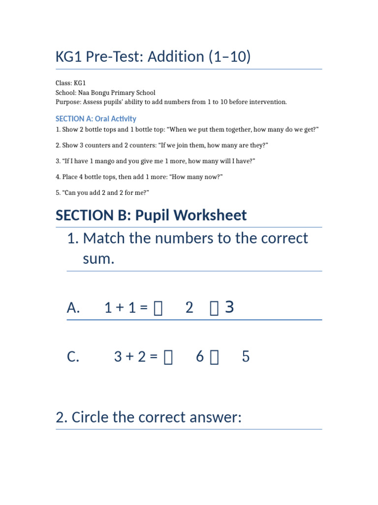 KG1 Addition Pre-Test Assessment | PDF