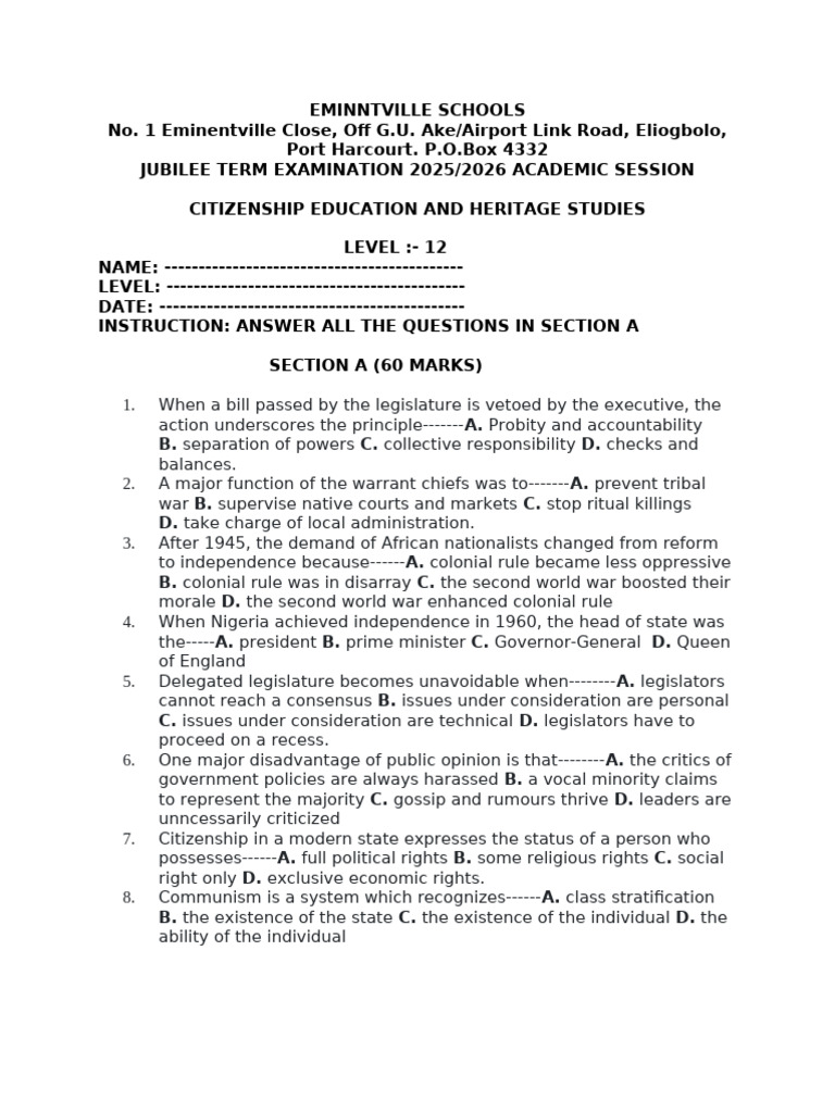 Eminentville Schools Citizenship Exam 2025 | PDF | Nigeria | Democracy