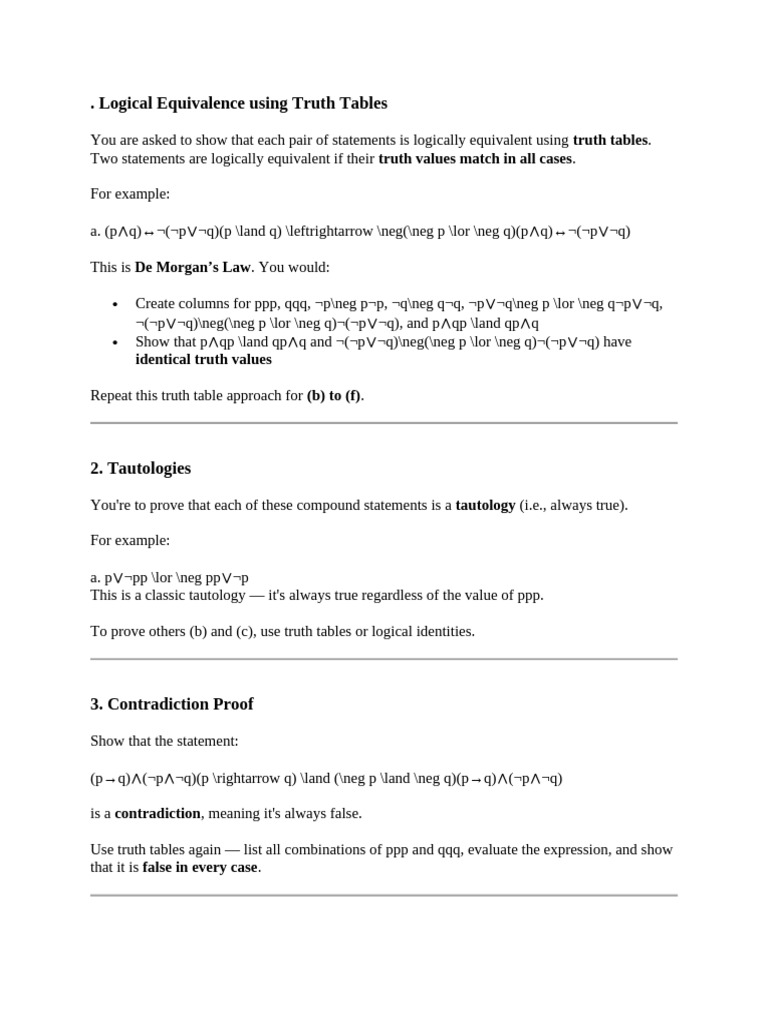 Logical Equivalence and Truth Tables Guide | PDF | Contradiction ...