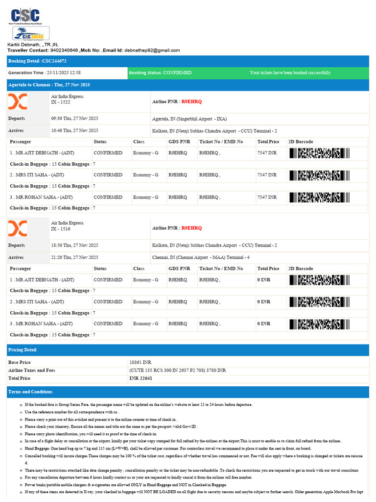 Agartala to Chennai Flight Booking Details | PDF