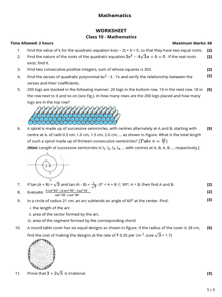 Class 10 Mathematics Worksheet | PDF | Quadratic Equation | Equations