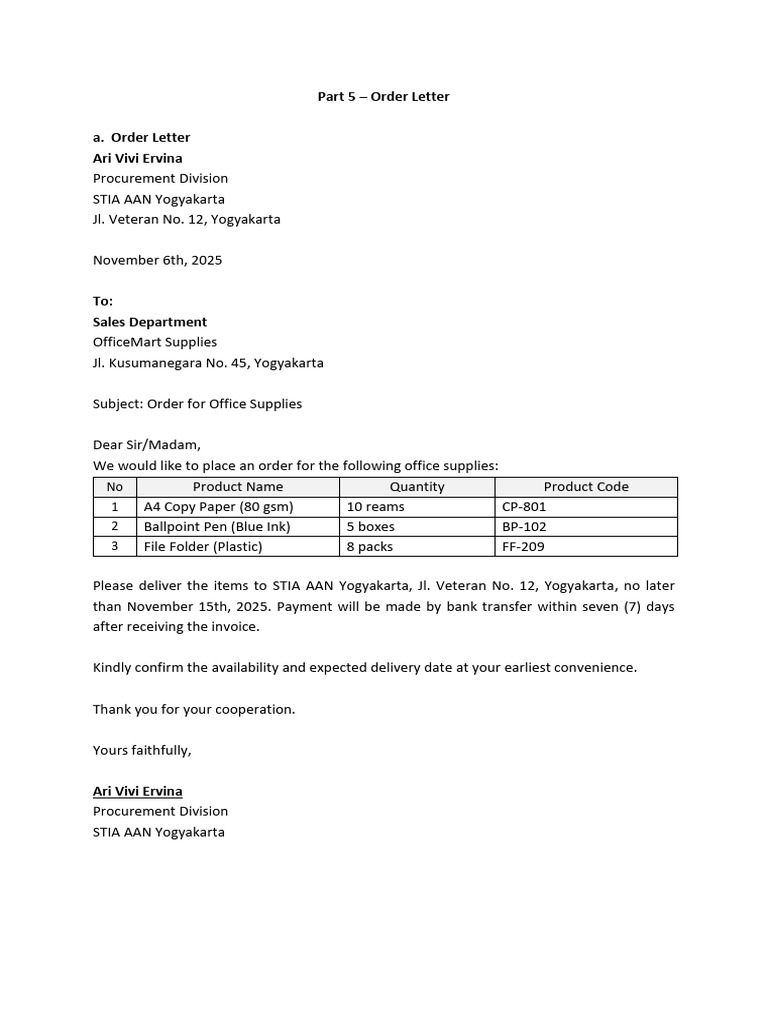 Office Supplies Order Letter Template | PDF