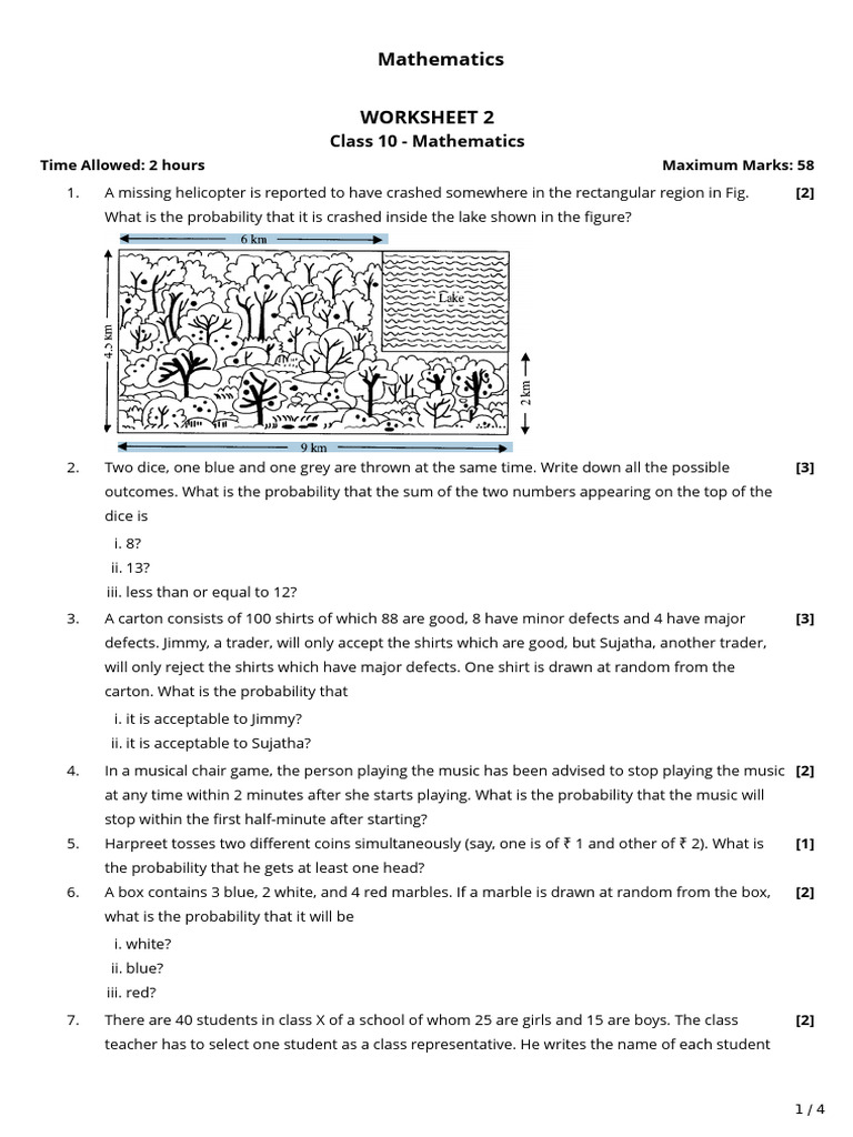 Class 10 Probability Worksheet | PDF | Probability