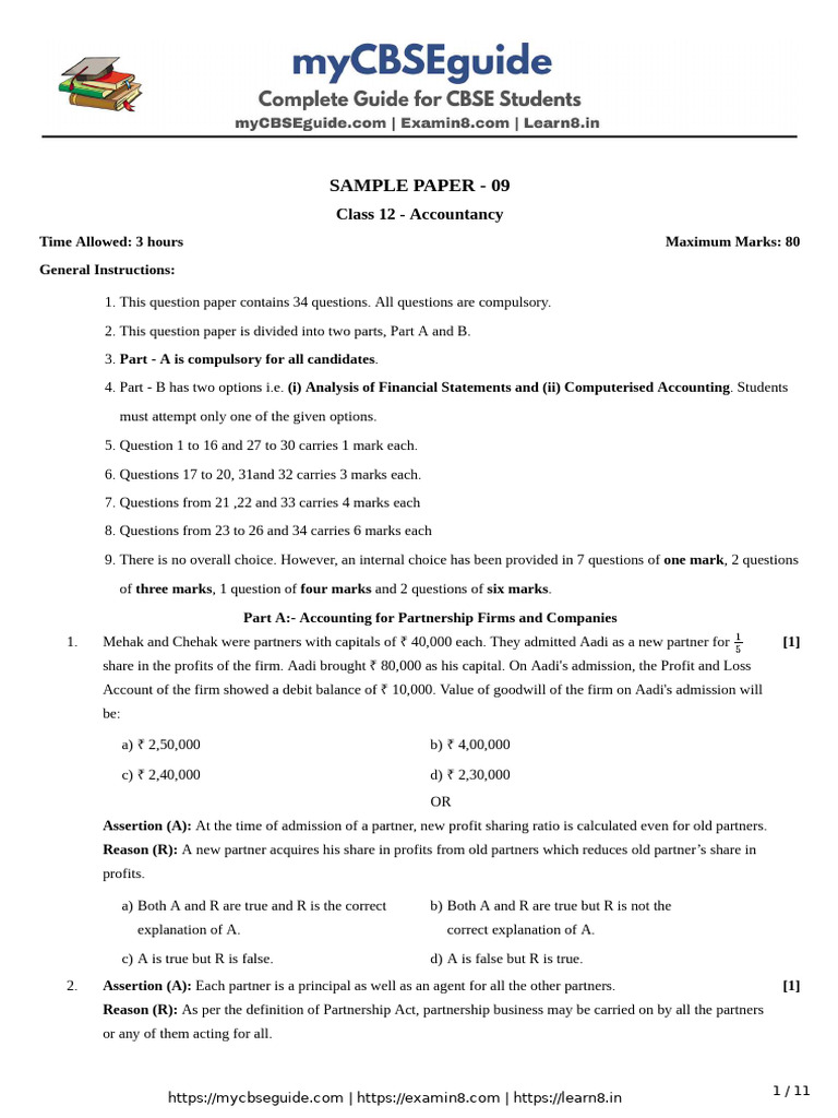 Class 12 Accountancy Sample Paper 09 | PDF | Balance Sheet | Goodwill ...
